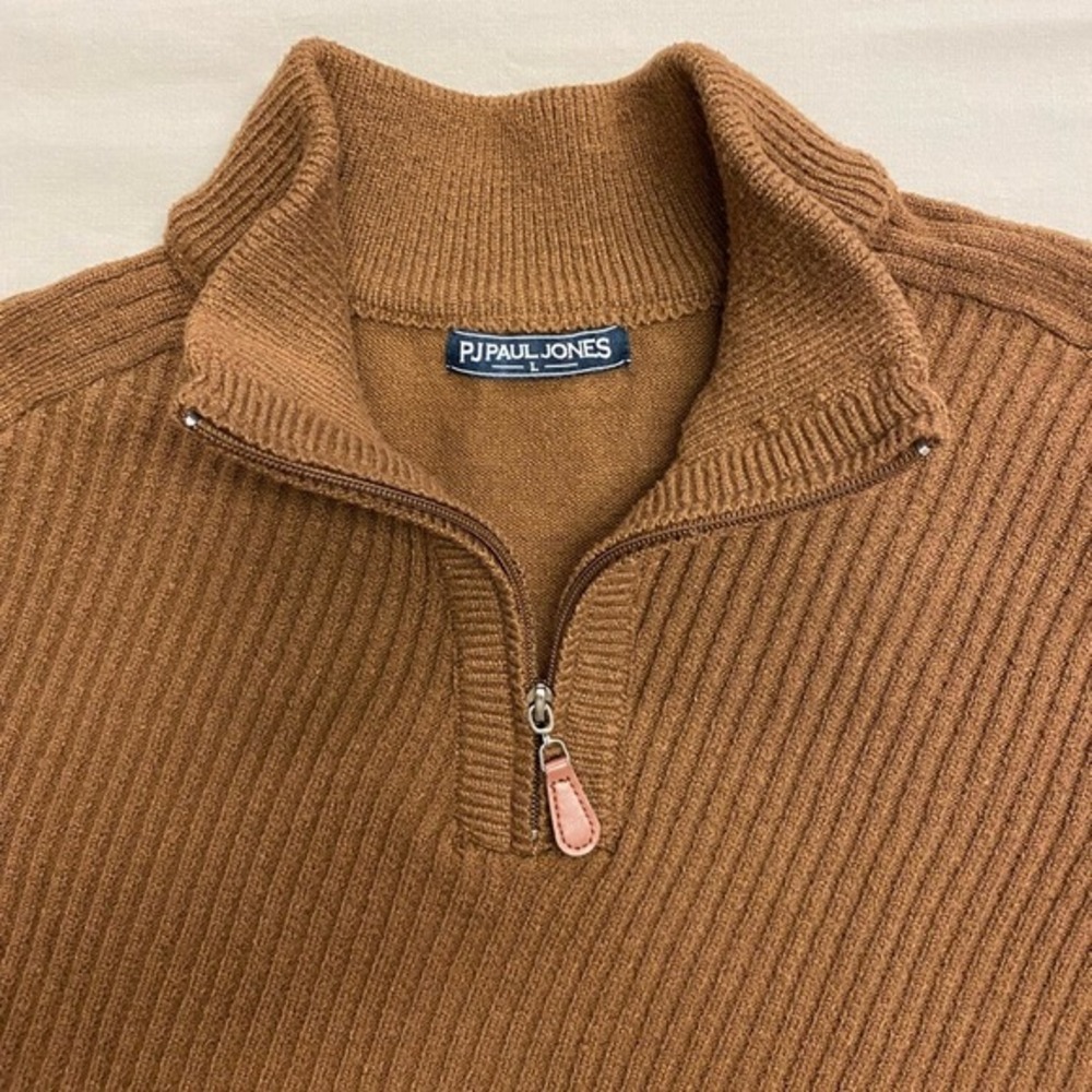 PJ‎ Paul Jones Mens Large Brown Ribbed Quarter Zip Pullover Sweater Mock Neck